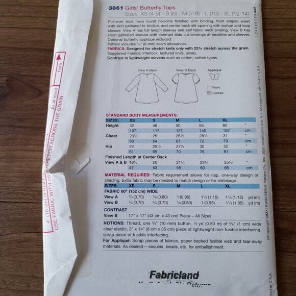 Girls Empire Waist Pullover Tops Sewing Pattern Sizes 4-14 Kwik Sew 3861 UNCUT - Picture 4 of 7